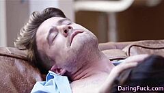 i see this buxom babe in lingerie giving a blowjob to a big cock while wearing stockings and showing her big tits in high definition