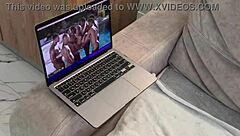 Nude milf Lena Paul masturbates her natural tits and big ass on the sofa