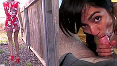 Is this sneaky girlfriend cheating outdoors with shaved pussy exposed to neighbors?