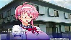 Animated hentai game features busty girls playing with toys in public