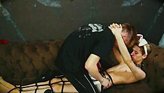 Casey Donovan mouth fucks David Galager in shibari bondage