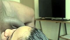 Amateur Ebony Couple's POV Cock Sucking Leads to Cumshot