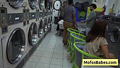 Petite Brunette Teen Sucks Cock in Public Laundromat with Nikki Mars and Jason Legend