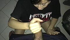 My stepdaughter gives me a deepthroat blowjob and handjob in this homemade video