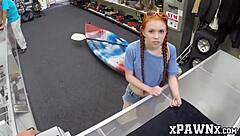 Little redhead temptress fucks for money in hidden pawnshop cam!