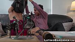 Inked Latino twink gives raw blowjob and rides boyfriend's big cock for cumshot