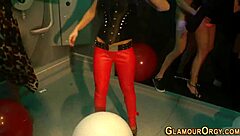 Babe masturbates in public shower leading to orgy facial