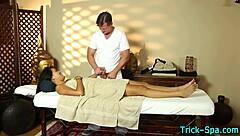 Teen intensely blows masseur's cock
