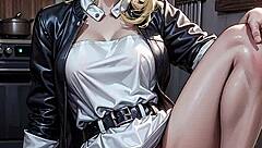 AI-generated blonde chef flashes pussy in kitchen while cooking