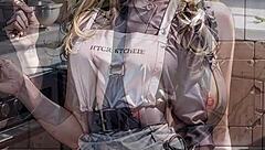 AI-generated blonde chef flashes pussy in kitchen while cooking