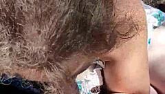 Fat BBW gives outdoor blowjob in public for voyeurs.