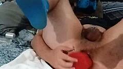 Caged Pup Plays with Bad Dragon Toy