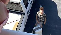 Public nudity almost gets me caught by police while playing with pussy in car. Flashing huge tits at hotel outdoor.