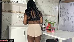 Pregnant housewife gets intense sex in the kitchen while cleaning, sheer outfit with Brunablack.
