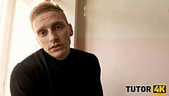 Damn, he's furious! Puts collar on curly tutor and bangs her hard!