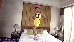 Ladyboy with big fake tits and real dick, why not masturbate together?