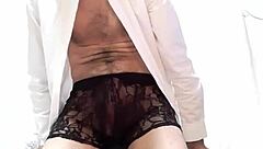 Huge 25cm dick cums in transparent lace panties