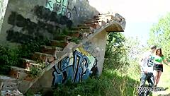 Busty brunette fucks stranger's ass in public