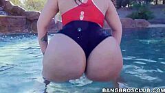 voluptuous chick oiled up for big cock pounding her big tits bouncing bent over