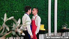 hot waiters indulge in bareback fucking and sucking.