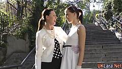 Classy european lesbians in stockings and heels enjoy fingering each other during masturbation