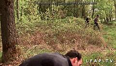 french brunette feels intense banging in outdoor gangbang with voyeur