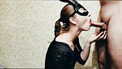 Blonde babe gives blowjob to favorite roommate in dorm