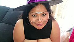 Halloween-themed porn featuring big tits and cum swallow
