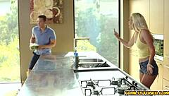 Hot babe lyra law sucks stepbrother's big cock on sofa.