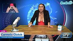 hot milf masturbates on sybian while reading news, huge boobs bouncing