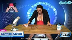 hot milf masturbates on sybian while reading news, huge boobs bouncing