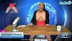 hot milf masturbates on sybian while reading news, huge boobs bouncing