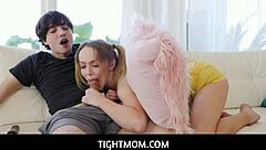 stepsiblings get naughty behind stepdad in living room