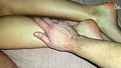 Stepson jerks off and cums on stepmoms feet! What a surprise?