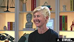 Up close view of Gal Ritchie's solo female masturbation during casting interview. Full scene shows intense orgasm.