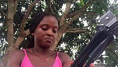 Crazy bitch boldly unboxes packaged outfit in front of strangers.