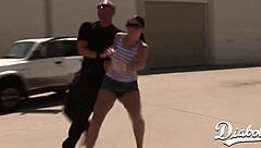 Threesome with Blonde and Brunette Swallowing Cock Deep