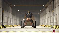 sci-fi bdsm in bunker with cuffed blonde and monster cock