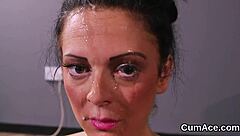 Wow, this unusual model gulps all the cum in extreme blowbang!