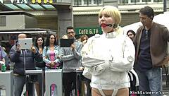 Blonde Bound in Public Downtown Fetish Display