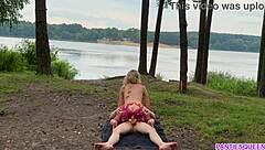 naked blonde rides hard outdoors, but gets cum on tits