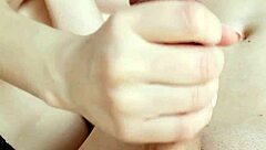 Steamy handjob leading to intense orgasm and creamy finish on petite bosom