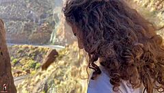 Girlfriend gives blowjob in canyon, squirts publicly with gaping pussy