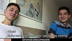 Latino hunk with tattoos tops big dick boy for first time