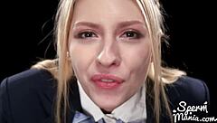 Blonde girl swallows cum at wild blowbang party