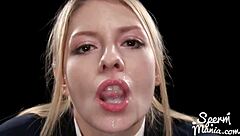 Blonde girl swallows cum at wild blowbang party