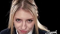 Blonde girl swallows cum at wild blowbang party