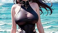 Young anime babe in bikini seduces on the beach with ASMR sounds
