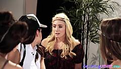 Blonde babe in lingerie starts sapphic ritual turning into lesbian orgy