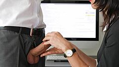 amateur secretary gives handjob to boss huge cumshot in mouth with red lips.